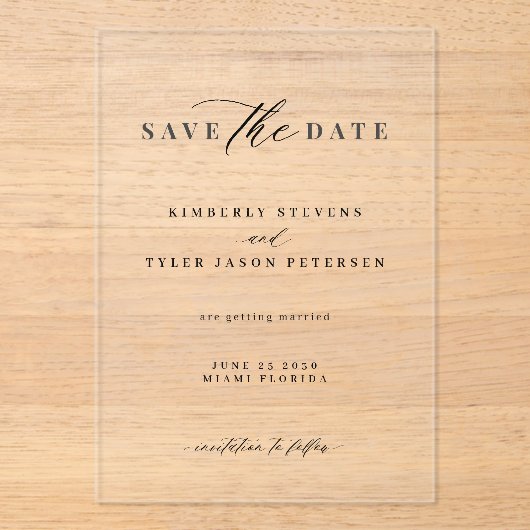Minimalistische, elegante Hochzeit Save the Date Acryleinladungen (Vorderseite)