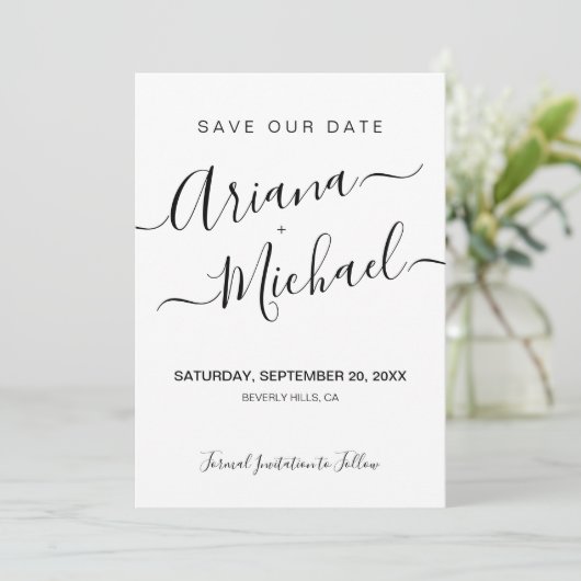 Minimalistische Elegante Name Skript Schwarz-weiß Save The Date (Stehend Vorderseite)