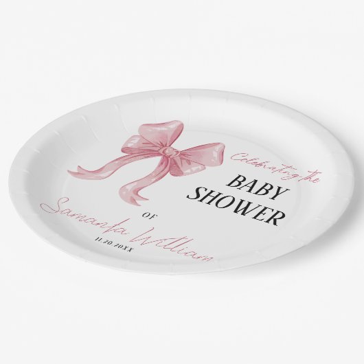 Minimalistische Elegante Pink Bow Girl Babydusche Pappteller (Schrägansicht)
