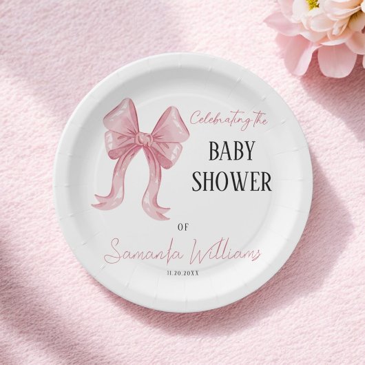 Minimalistische Elegante Pink Bow Girl Babydusche Pappteller
