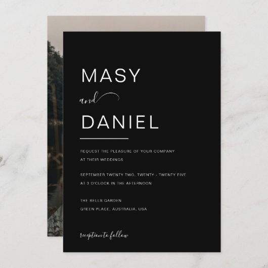 Minimalistische elegante Schwarz-Romantische Foto Einladung (Vorne/Hinten)