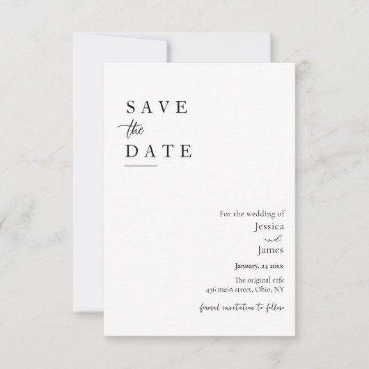 Minimalistische elegante Schwarz-Weiß-Hochzeit Save The Date (Vorderseite)