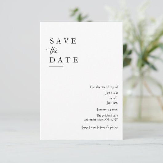 Minimalistische elegante Schwarz-Weiß-Hochzeit Save The Date (Stehend Vorderseite)