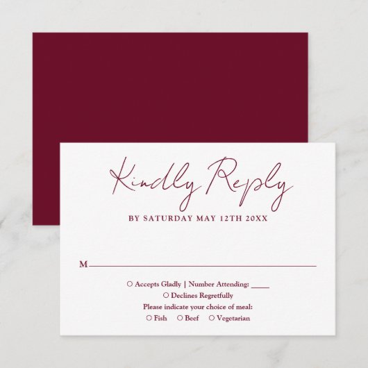 Minimalistische, elegante Script Burgundy Red Wedd RSVP Karte (Vorne/Hinten)