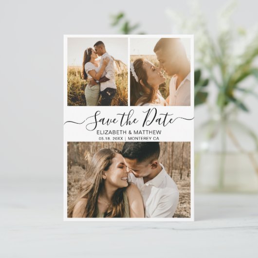 Minimalistische, elegante Script-Fotocollage Save The Date (Stehend Vorderseite)