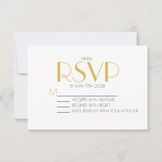 Minimalistische, elegante Weiß- und Goldhochzeit RSVP Karte (Vorderseite)