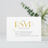 Minimalistische, elegante Weiß- und Goldhochzeit RSVP Karte (Stehend Vorderseite)