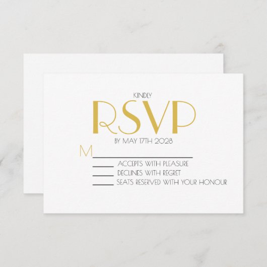 Minimalistische, elegante Weiß- und Goldhochzeit RSVP Karte (Vorne/Hinten)