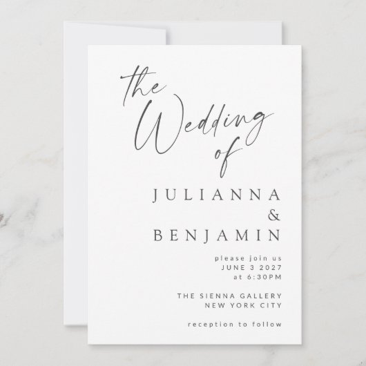 Minimalistische, elegante White Modern Script Wedd Einladung (Vorderseite)