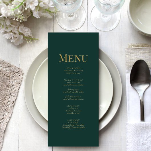 Minimalistische Emerald Green Monogram Wedding Menükarte