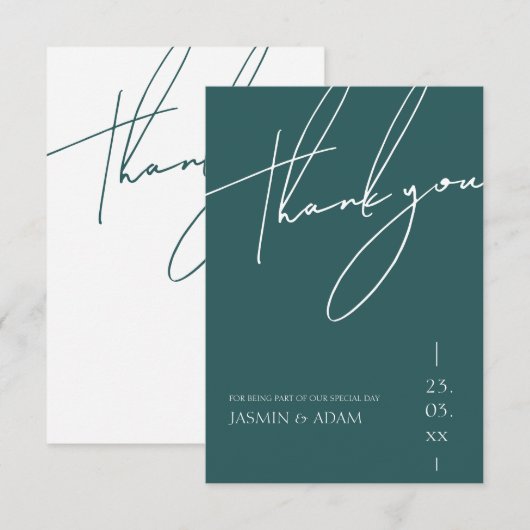 Minimalistische Emerald Green Script Typografy Wed Dankeskarte (Vorne/Hinten)