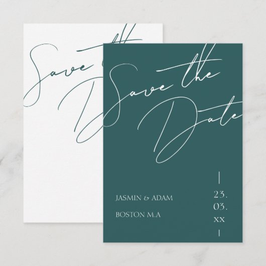 Minimalistische Emerald Green Script Typografy Wed Save The Date (Vorne/Hinten)