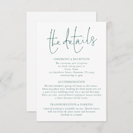 Minimalistische Emerald Green Writing Wedding Deta Begleitkarte (Vorne/Hinten)