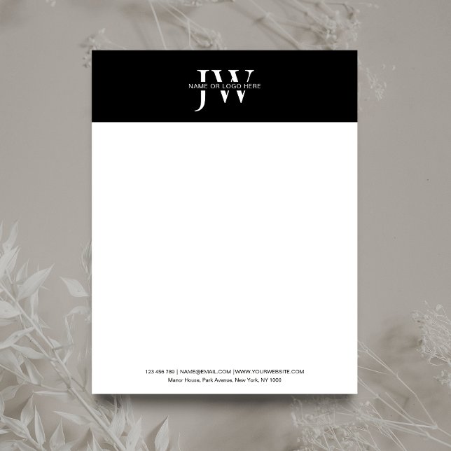 Minimalistische Erstklassigkeit Monogram Black & W Briefbogen (Striking black and white business letterhead with space for you initials and business details)