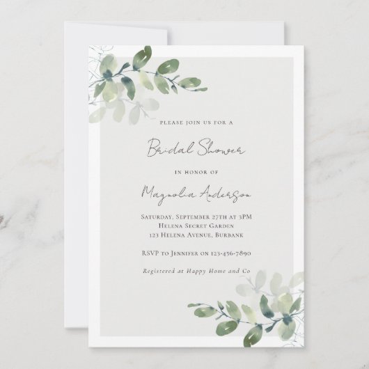 Minimalistische Eucalyptus Bridal Dusche Einladung (Vorderseite)