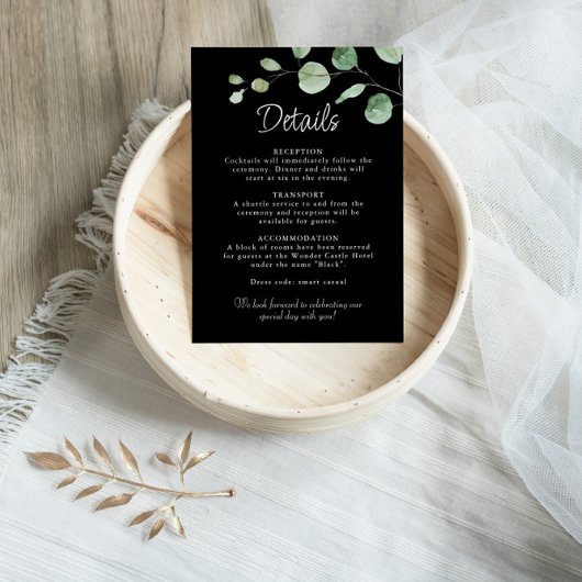 Minimalistische Eukalyptus Black Wedding Details Begleitkarte