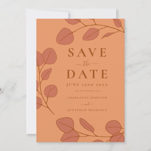 Minimalistische Eukalyptus-Blätter Peach Orange We Save The Date (Vorderseite)