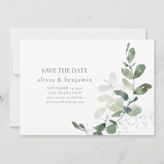 Minimalistische Eukalyptus Botanische Natur Modern Save The Date (Vorderseite)