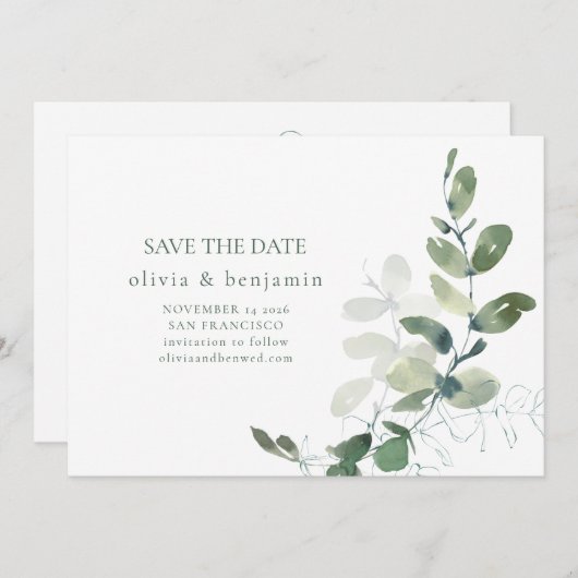 Minimalistische Eukalyptus Botanische Natur Modern Save The Date (Vorne/Hinten)