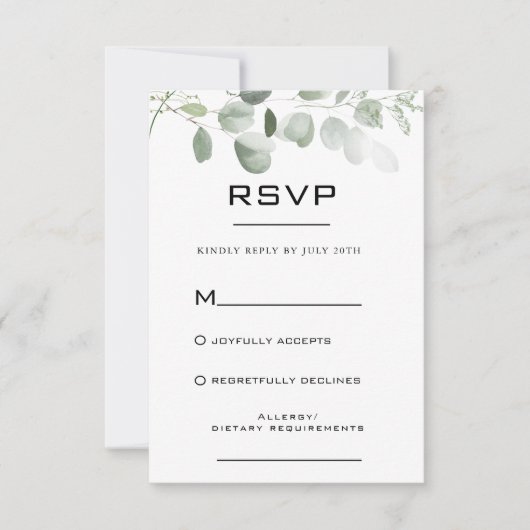 Minimalistische Eukalyptus Foliage Formal RSVP-Kar RSVP Karte (Vorderseite)