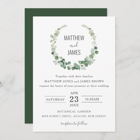 Minimalistische Eukalyptus Greenery Gay Wedding Einladung (Vorne/Hinten)