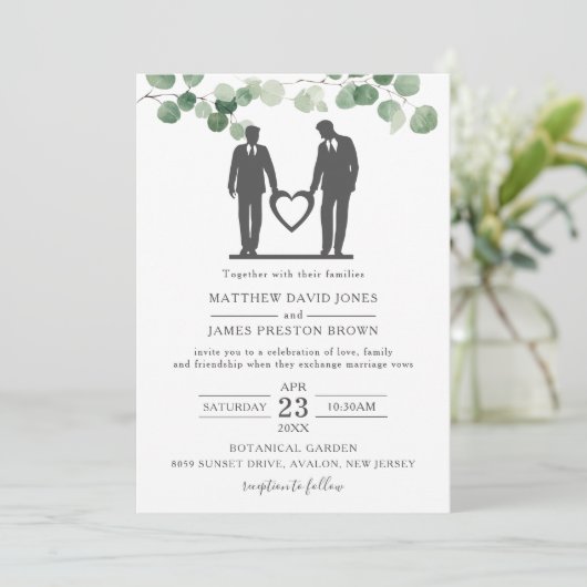 Minimalistische Eukalyptus Greenery Gay Wedding Gr Einladung (Stehend Vorderseite)