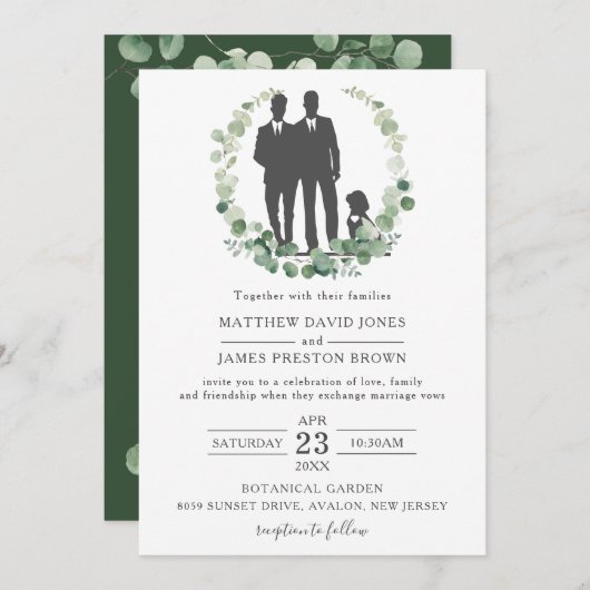 Minimalistische Eukalyptus Greenery Gay Wedding Gr Einladung (Vorne/Hinten)