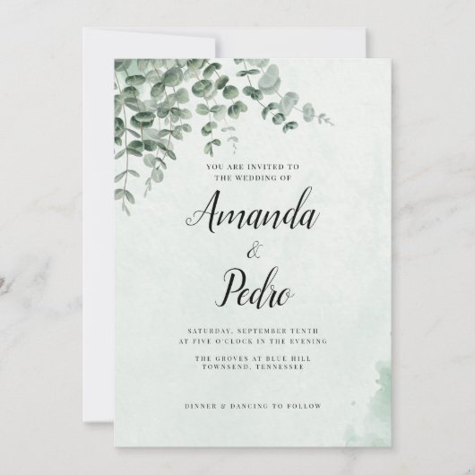 Minimalistische Eukalyptus Greenery Wedding Einladung (Vorderseite)