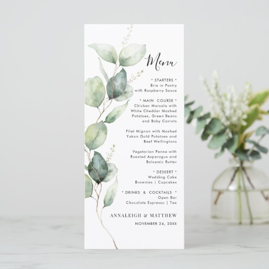 Minimalistische Eukalyptus Greenery Wedding Menükarte (Stehend Vorderseite)
