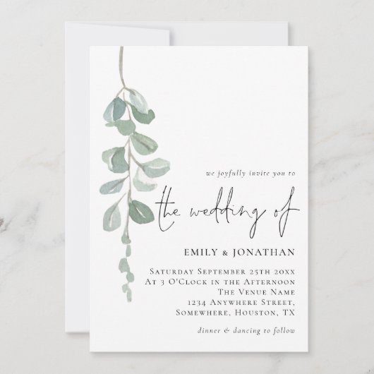 Minimalistische Eukalyptus-Handschriftzeichen Einladung (Vorderseite)