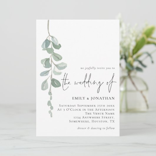 Minimalistische Eukalyptus-Handschriftzeichen Einladung (Stehend Vorderseite)