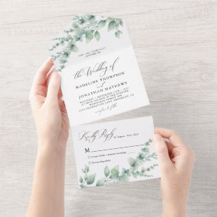 Minimalistische Eukalyptus-Hochzeit All In One Einladung