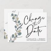 Minimalistische Eukalyptus-Hochzeit ändern das Dat Ankündigungspostkarte (Vorne/Hinten)
