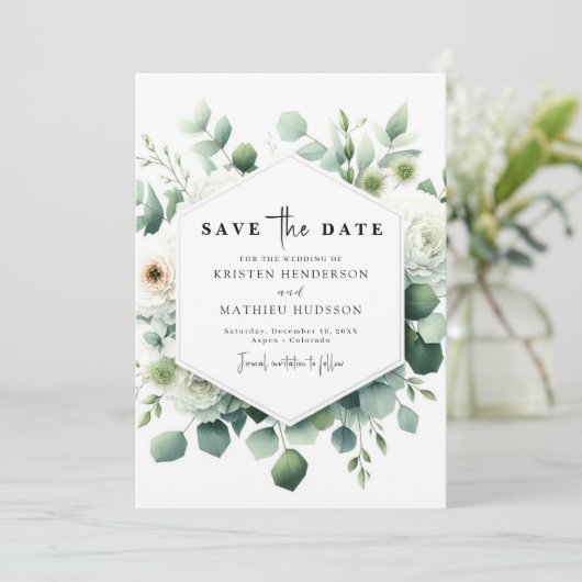 Minimalistische Eukalyptus-Hochzeit Save The Date (Stehend Vorderseite)