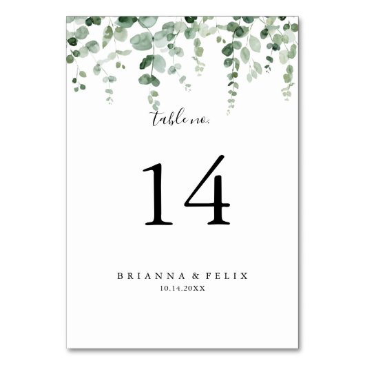 Minimalistische Eukalyptus-Hochzeitsstiftung Tisch Tischnummer (Vorderseite)