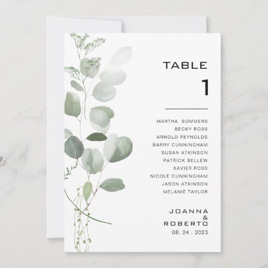 Minimalistische Eukalyptus-Tischnummer 1 Sitzkarte Einladung (Vorderseite)