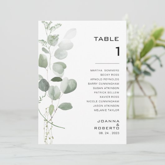 Minimalistische Eukalyptus-Tischnummer 1 Sitzkarte Einladung (Stehend Vorderseite)
