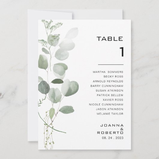 Minimalistische Eukalyptus-Tischnummer 1 Sitzkarte Einladung (Rückseite)
