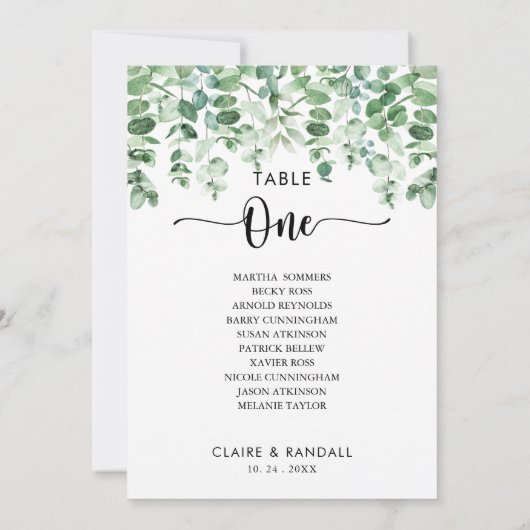 Minimalistische Eukalyptus-Tischnummer 1 Sitzkarte Einladung (Rückseite)