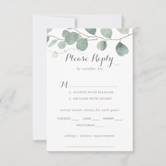 Minimalistische Eukalyptus Wedding Menü UAWG RSVP Karte (Vorderseite)