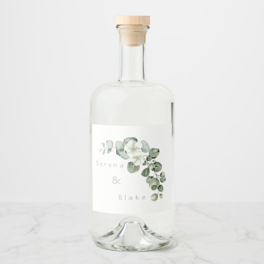 Minimalistische Eukalyptus Wedding White Alkoholflaschenetikett (Vorderseite)