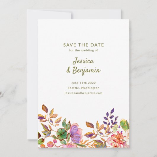 Minimalistische farbenfrohe Blume Hochzeit Save The Date (Vorderseite)