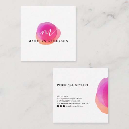 Minimalistische farbige rosa Aquarellfarben, weiße Quadratische Visitenkarte (Vorne/Hinten)