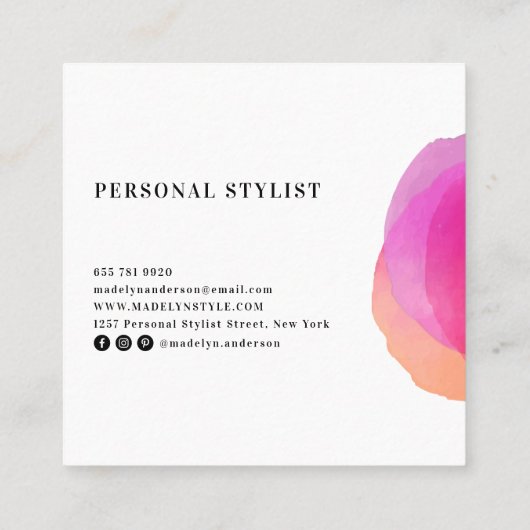 Minimalistische farbige rosa Aquarellfarben, weiße Quadratische Visitenkarte (Rückseite)
