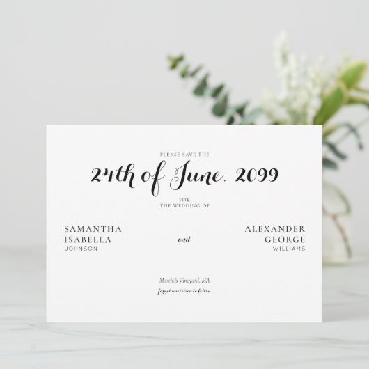 Minimalistische feierliche Schwarz-Weiß-Hochzeit Save The Date (Stehend Vorderseite)
