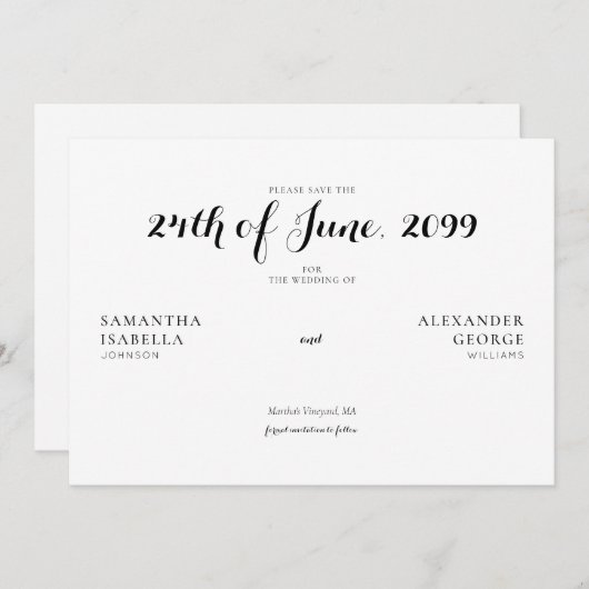 Minimalistische feierliche Schwarz-Weiß-Hochzeit Save The Date (Vorne/Hinten)