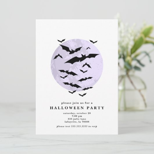 Minimalistische Fledermäuse Vollmond Halloween-Par Einladung (Stehend Vorderseite)