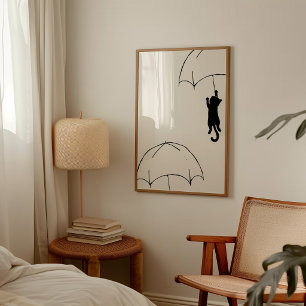 Minimalistische fliegende schwarze Katze mit Regen Poster
