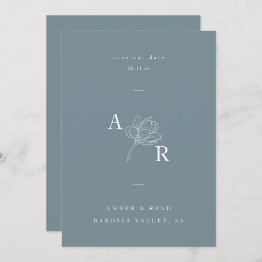 Minimalistische florale Monogramm Elegant Dusty Bl Save The Date (Vorne/Hinten)