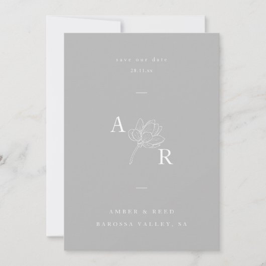 Minimalistische florale Monogramm elegant grau Save The Date (Vorderseite)